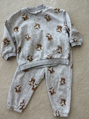 H&M Light Grey Teddy Bear Soft Warm Fleece Inside Sweatshirt & Jogger Set